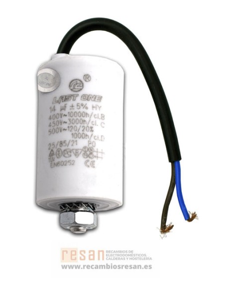 Condensador de trabajo 14 uF. 450 V. con cable